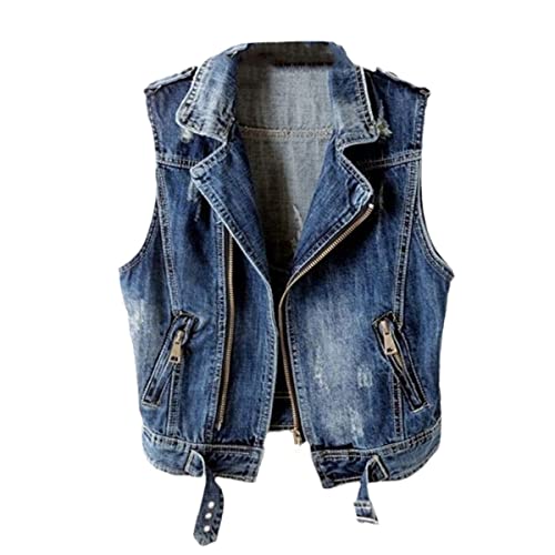 Veste en jean femme mi-saison style coréen bleu blouson motard court L