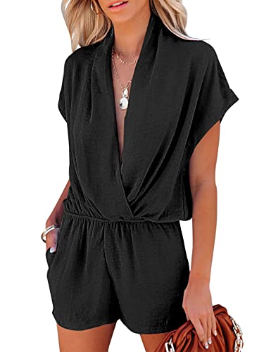 LYANER Women's Summer V Neck Wrap Ruched Front with Pockets Short Sleeve Romper Jumpsuit Black Small
