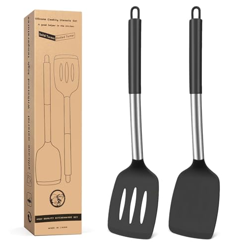 Pfannenwender, Silikon Küchenhelfer lebensmittelechtem Silikon Silicone Spatula Set Hitzebeständig zum Kochen Backen Wenden, Spülmaschinenfest, starker Edelstahl-Kern2