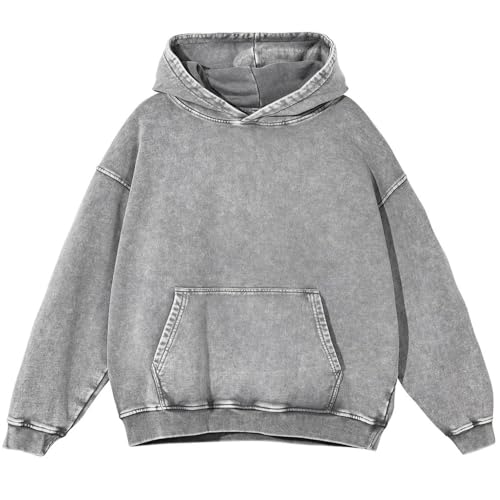 Calmlook Women Vintage Oversized Hoodie Acid Wash Heavyweight Cotton Sweatshirt Unisex Couples Men Baggy Pullover Hoodie(Grey M)