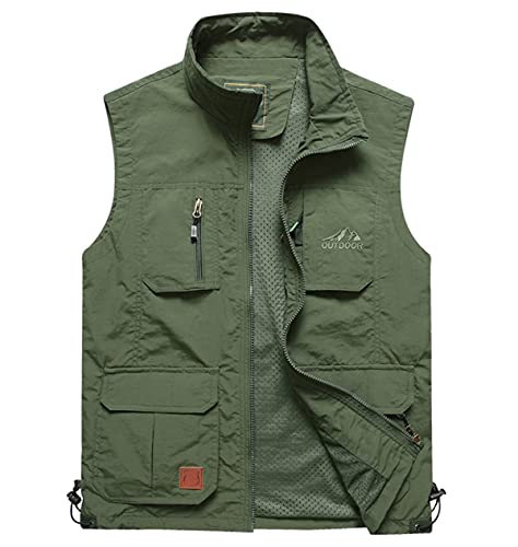 La Mejor Lista de Verde Militar los preferidos por los clientes. 41 Yhfdflbs - Chaleco sin mangas para hombre, casual, ligero, de secado rápido, pesca, caza, fotos, sin mangas, con bolsillos, Verde militar, XX-Large