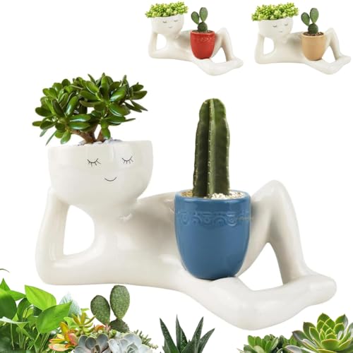 Lazy Guy Planter, Lazy Little Character Flowerpot, Relaxing Person Holding Pot Planter, Funny Plant Pots Unique Shape Pot for Succulents Cactus with Drainage Hole for Home Garden Decor (Blue)