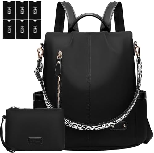ONETOALL Rucksack Damen Klein Diebstahlsicher mit 6 RFID Blocker Schutzhüllen, Cityrucksack Damen Elegant, Damenrucksack Handtasche Modern, für Städtetrip Alltag Unterwegs Schwarz