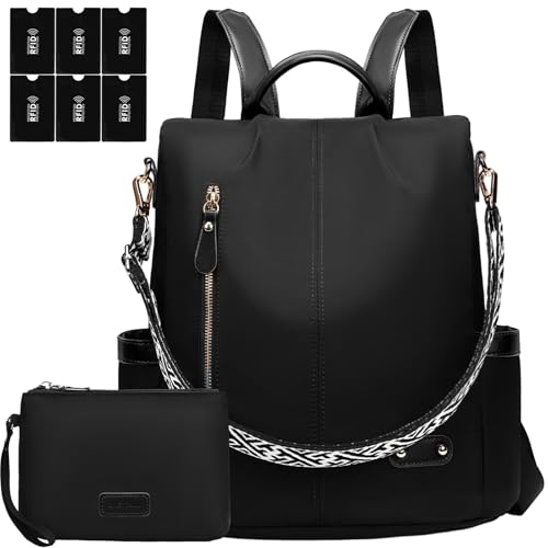 ONETOALL Bolso Mochila Mujer Casual, Mochila Antirrobo Mujer Impermeable, Mochilas Mujer Pequeña Nylon Negra con Bolsillos RFID, Convertible en Bolso de Hombro y Mano para Viajes Uso Diario