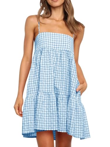 Image of Womens Summer Plaid A-line Sleeveless Casual Flowy Mini Sundress | Spaghetti Strap,Gingham Y2K,Maternity,Vacation,Country Concert,Short Dresses,with Pockets