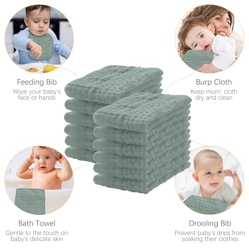 Image of Lovely Care 12 Pack Muslin Burp Cloths 100% Cotton Muslin Cloths Large 20''x10'' Extra Soft and Absorbent Baby Burping Cloth - Green