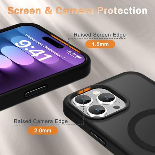 Image of YENAPOON for iPhone 14 Pro Max Case, Matte Magnetic Phone Cover [with 1 Screen Protector] [Support for MagSafe] [Shockproof Military Grade Protection] Translucent Frosted Back, Black