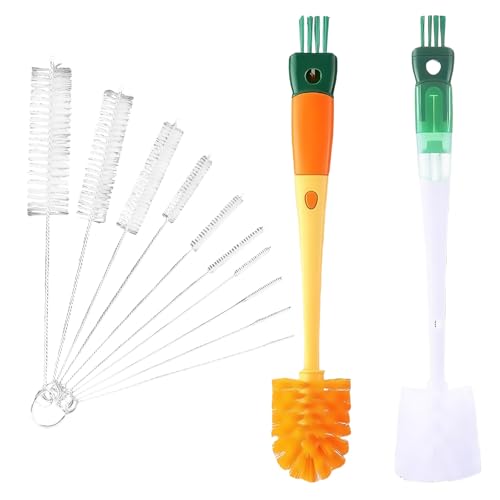 3 PCS 5in1 Water Bottle Brushes For Cleaning, 4in1 Water Bottle Brush Baby Multifunctional Cup Brushes, Green + Orange + 10-Piece Straw Cleaner or Bottle Tube Kettle Spout Cleaning