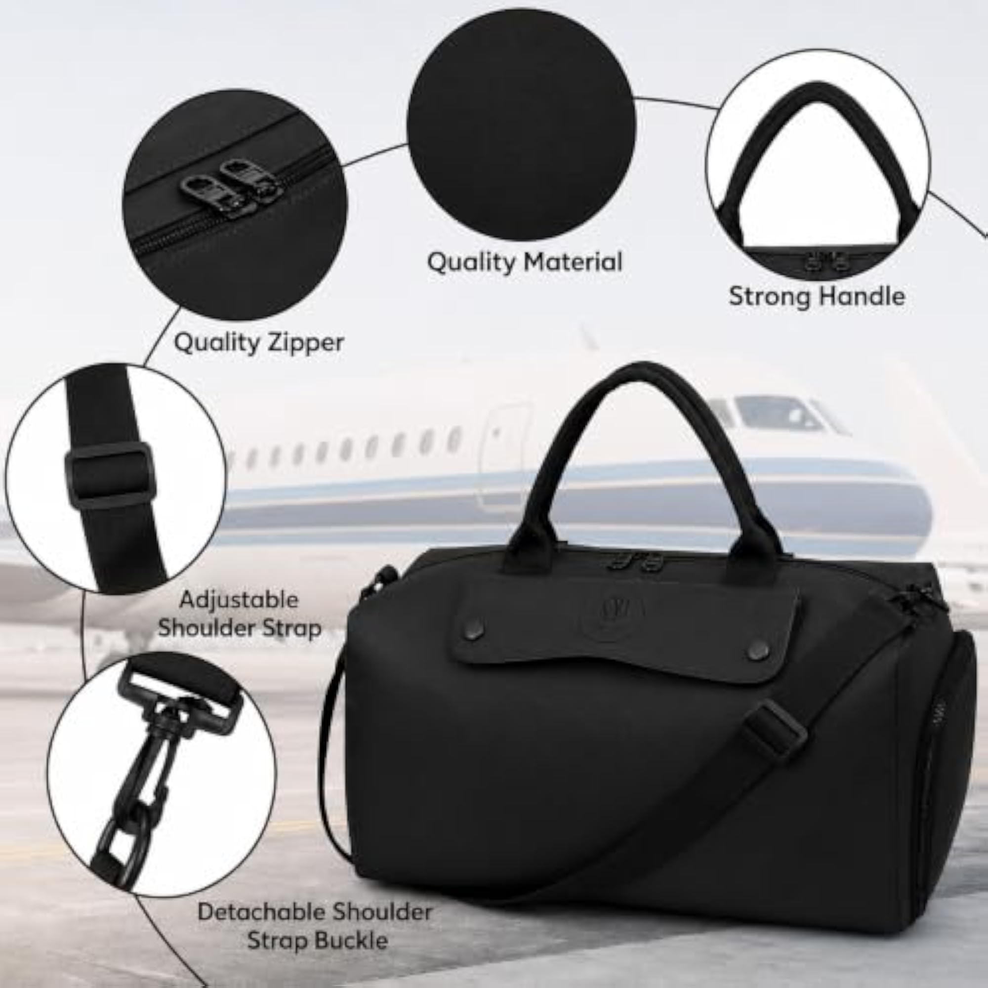 Travel Duffel Bag with Shoe Compartment, Black