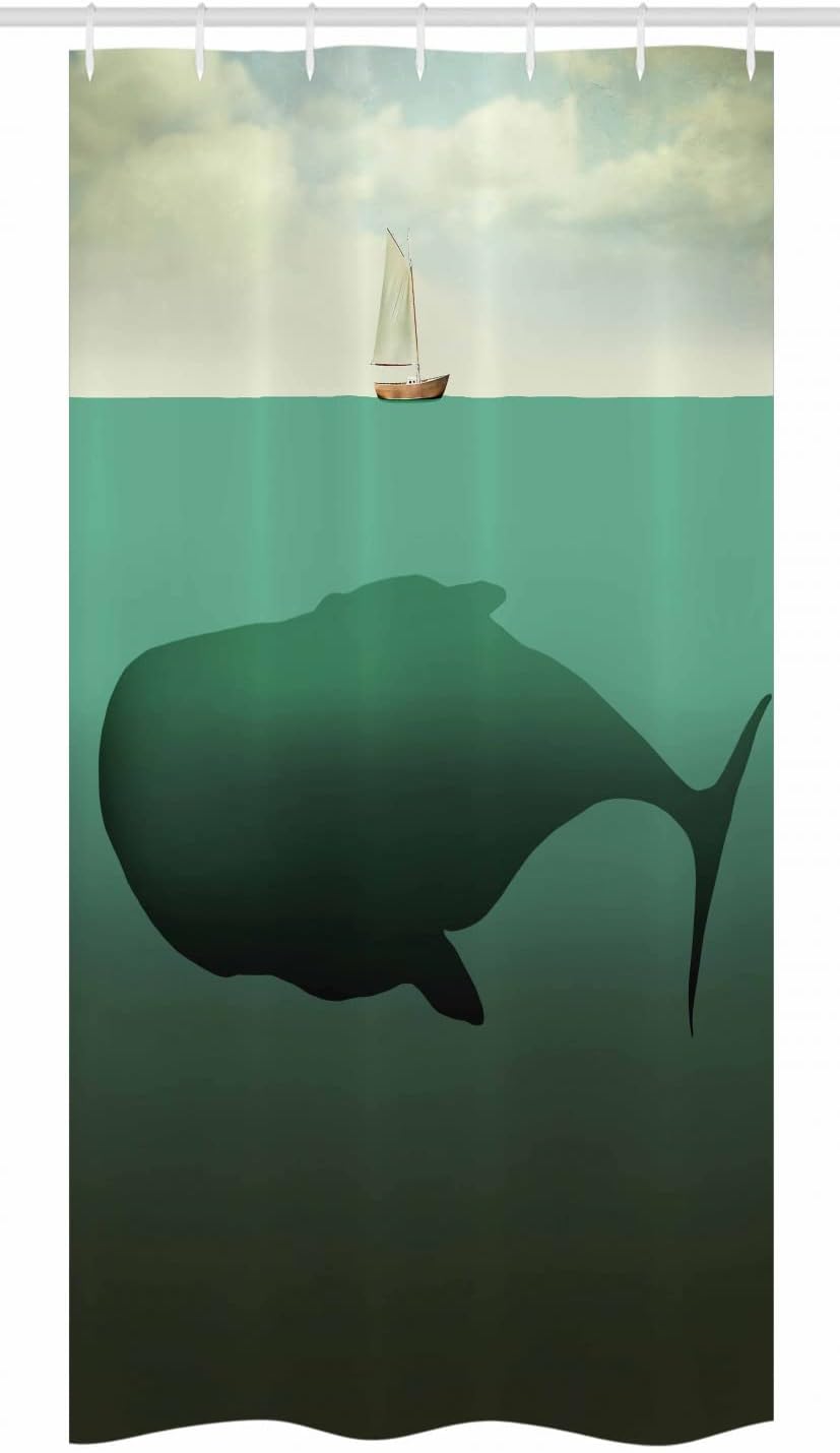 Ambesonne Fantasy Stall Shower Curtain, Surreal Giant Whale in The Middle of Sea and Little Sailboat on The Surface Print, Fabric Bathroom Decor Set with Hooks, 36" W x 72" L, Green Beige