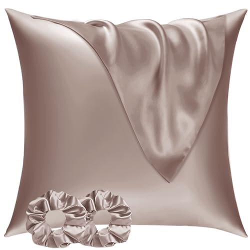 Taie Oreiller Satin 60x60 Lot de 2,pour Cheveux,Similaire Aux Taie d Oreiller en Soie,Taies d'oreillers 60x60 certifié Oeko-Tex & 2 Satin Chouchous Marron Vielit