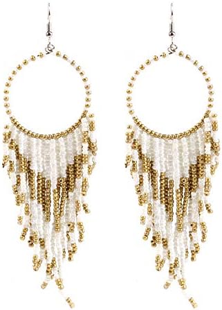 Boho Handmade Beaded Tassel Earrings Statement Seed Beads Earrings Multicolor Long Rice Beaded Fringe Drop Dangle Earrings Bohemian Jewelry for Women