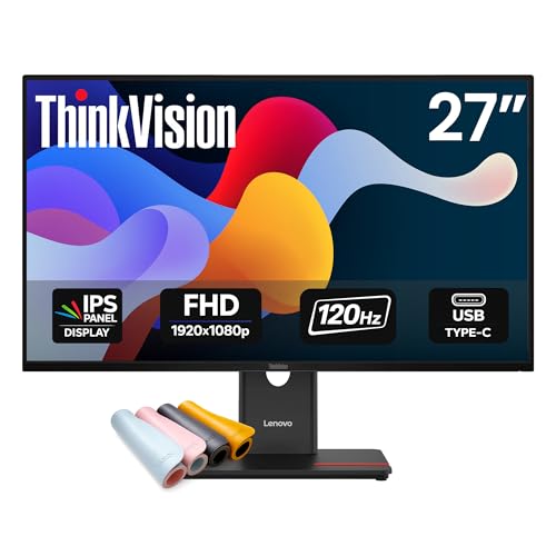 Image of Lenovo ThinkVision T27-40 27in FHD IPS Monitor, 120Hz 1080p, 99% sRGB, Low Blue Light, Ergonomic Height-Adjust Stand, USB Hub, HDMI /DP, VESA Mount Dual-Pack Bundle Included Plus MAJ Deskpad | 2 Pack