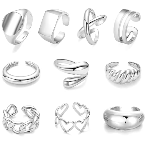 Inerney 10PCS Silver Rings Set for Women Stacking, Statement Knuckle Ring Pack, Fashion Open Adjustable Rings for Jewelry Gift