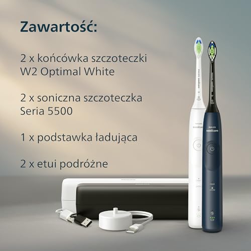 Philips Sonicare 5500 Electric Toothbrush, Sonic Toothbrush with 2 Modes, Pressure Alert, EasyStart, SmarTimer and BrushPacer, White and Navy, 2 Pack, Model HX7119/01 [New Technology]