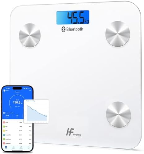 HomeFashion HFitness Personenwaage mit 19 Körperanalysewerten, Große 28×28cm Trittfläche, Bluetooth Körperfettwaage mit App, Digitale Körperanalysewaage Weiß