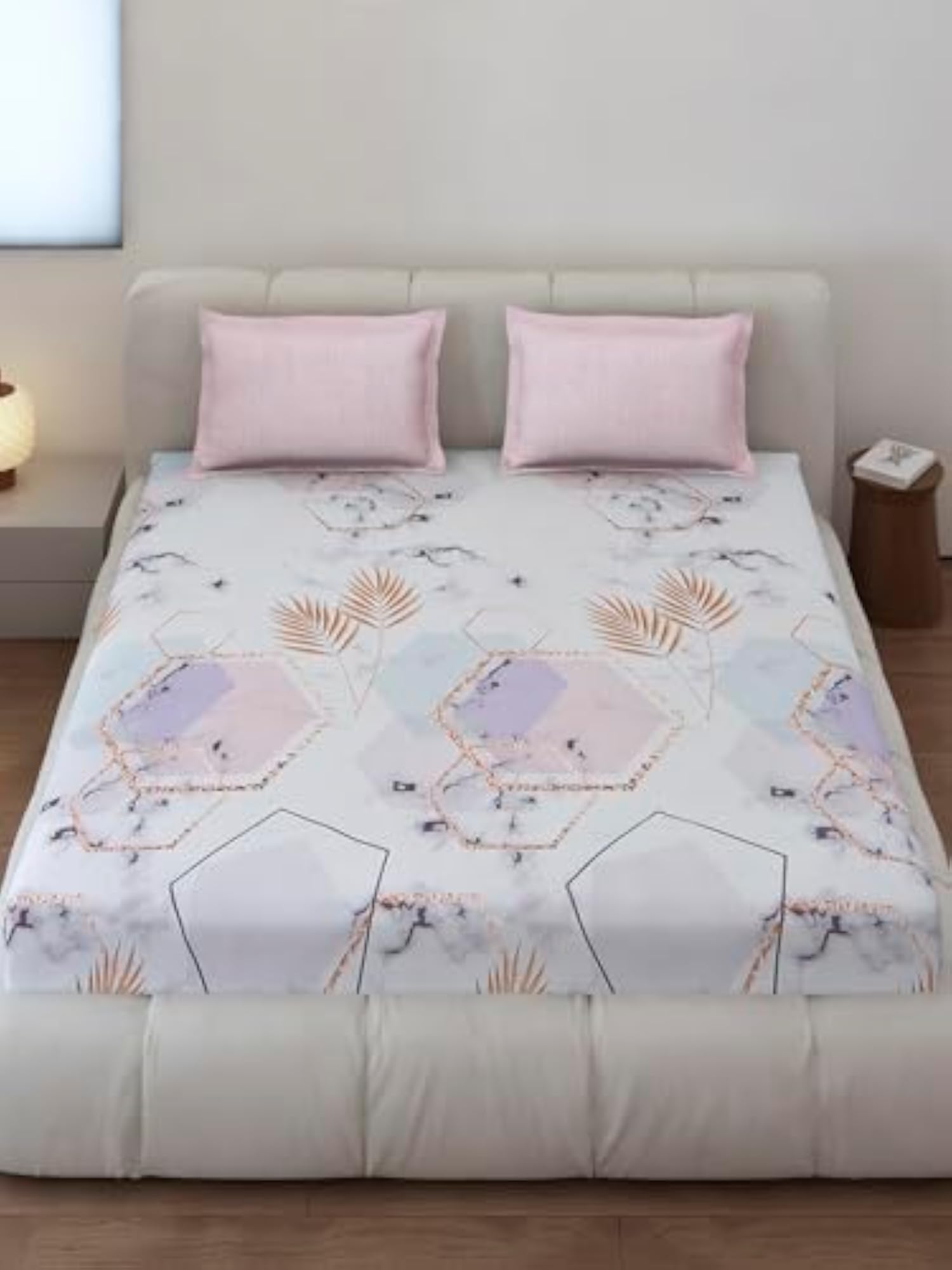 Light Pink Printed King Size Fitted Bedsheet with Pillow Covers