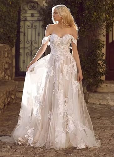 Off Shoulder Tulle Wedding Dresses 2023 for Beach Wedding lace Appliques Aline Bridal Ball Gown Brides Dress Champgane 6