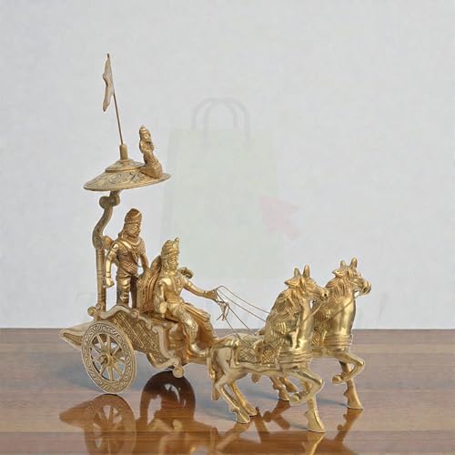 Image of Arjuna Rath Geeta Mahabharat Chariot with Krishna Ji & Hanuman Ji Brass Statue |18CM Approx | Vastu Remedy |Vastu Pital Showpiece |Decorative Arjuna Rath with Two Horses