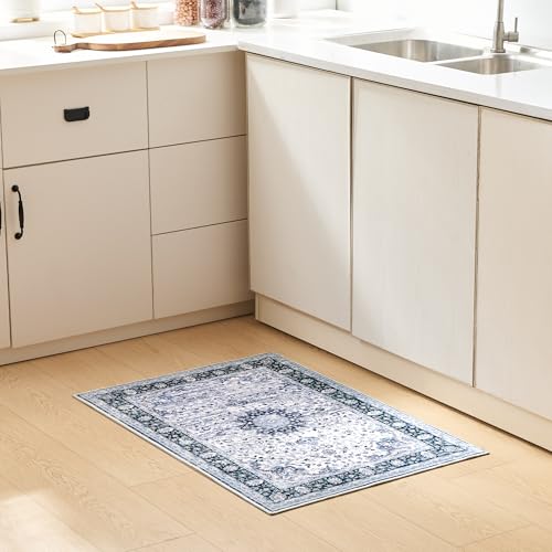 Vintage 2x3 Washable Area Rug, Low-Profile Entryway Rug with Non-Slip Backing & Durable Edge Binding, Pet-Friendly Doormat, Small Rug for Entryway, Kitchen, Living Room
