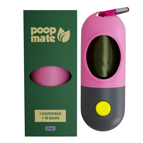 Image of Dog Poop Bag Dispenser with LED Flashlight for Night Walks - Leash Clip & Metal Carabiner - Pet Waste Bag Holder Includes 1 Roll (15 Dog Poop Bags) - Durable, Portable - Pink
