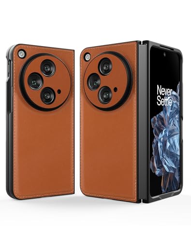 Cresee Case for OnePlus Open, Genuine Leather + Hard Polycarbonate Bumper Phone Case for OnePlus Open - Brown