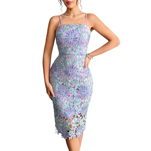 Women's Purple Crochet Floral Embroidered Sleeveless Backless Bodycon Summer Wedding Guest Cocktail Party Prom Midi Dress, Purple, L