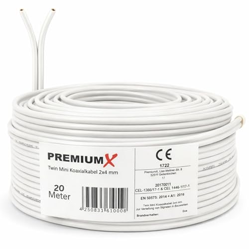 Premium X Cavo coassiale satellitare, 20 m, 90 dB, Twin Mini 2 X 4 mm, bianco, 20 m, cavo antenna FullHD HDTV 4K