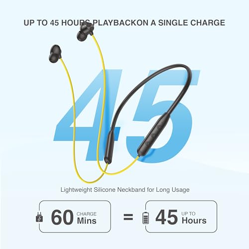 Image of Walta NEO 3 Bluetooth Neckband (in-Ear) with ENC, 45H Playback, Bluetooth 5.4, Type-C Quick Charge & Powerful Bass - Yellow Color