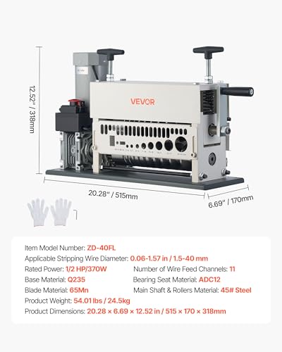 Image of VEVOR Electric Wire Stripper Machine, 0.06-1.57 in, 11 Channel Automatic Copper Cable Stripper, 370W Wire Stripper Tool with Manual Hand Crank Mode, Emergency Stop Button, for Scrap Copper Recycling
