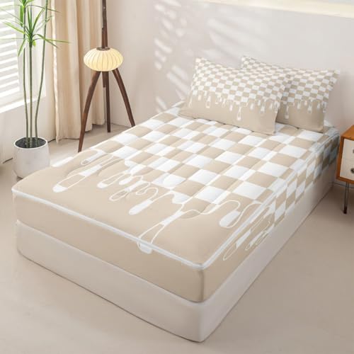 Image of Beige Tan Checkered Zipper Bedding Twin - 4 Piece Zip Up Comforter & Fitted Sheet Set with 2 Pillowcases, Bed in a Bag for Boys & Girls,Checkerboard Drip Grunge Aesthetic Geometric All Season