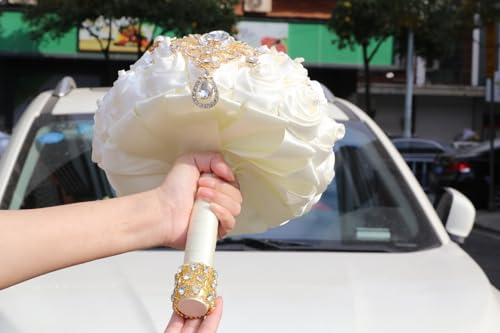 Gkvszy 7.5in Ivory Handmade Wedding Bouquet with Luxury Gold Rhinestone Brooch Pearl Satin Rose Flower Bridal Bouquet for Bride Bridesmaid Quinceanera Wedding Bouquet Ivory by Gkvszy - Used condition - Image 4