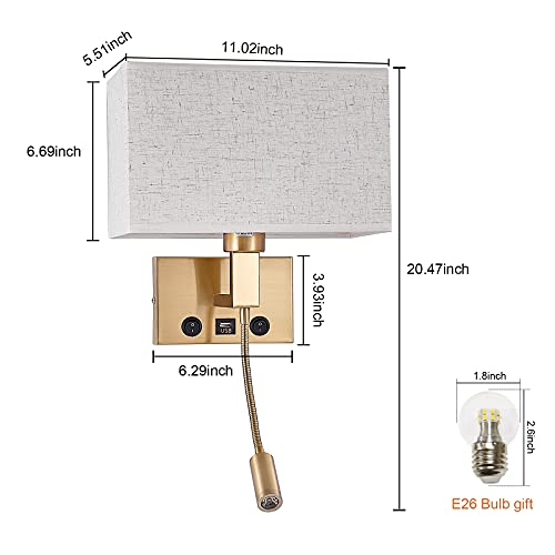 Image of Bedroom Wall Sconces, Hardwired Wall Lamp with USB and Reading Lamp Fabric Shade Bedside Wall Lights with Reading Lamp for Bedroom Living Room Hotels Corridors (Brass)