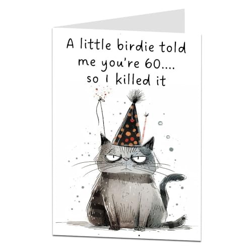 Funny 60th Birthday Card For Men & Women A Little Birdie Cat Design Perfect For Best Friend Female Sister Daughter & Auntie