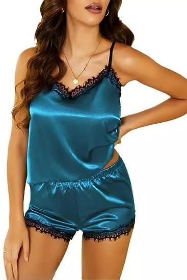 luxeloom Women Sexy Lingerie Satin Silk Sleepwear Lace Trim Nightwear Soft Pajamas Sets V Neck Camisole and Short Panty Aqua Blue-picture-36