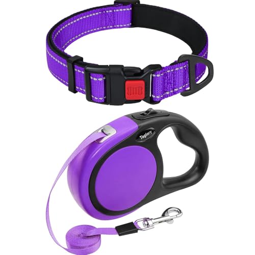 Taglory 8"-12" inches Dog Collar and 16FT Retractable Dog Leash Set, No Tangle Dog Leash Retractable, Adjustable Reflective Dog Collar with Safety Locking Buckle for Puppy Dogs