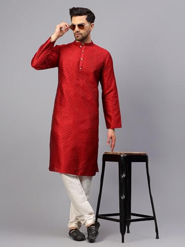 Image of LATEST CHIKAN Men's Silk Chikankari Kurta with Cream Churidar | Festive Set - KP Silk BANARSI