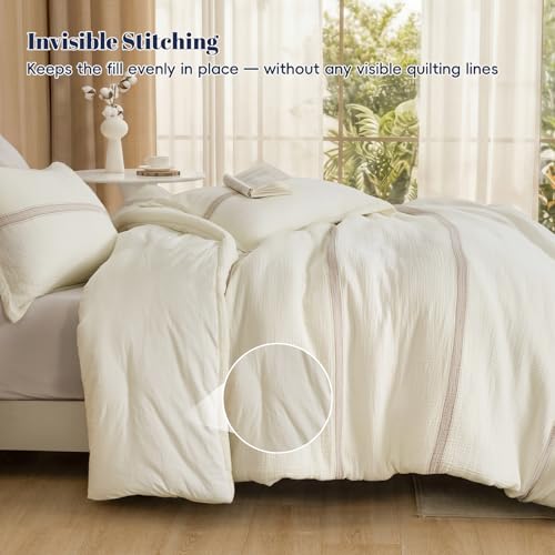 Image of PHF Cotton Muslin Comforter Set Queen - 100% Cotton Cover, Ultra Soft & Breathable, 3PCS Lightweight All-Season Bedding with Polyester Fill, 1 Comforter 90 inchx90 inch & 2 Pillow Shams 20 inchx26 inch, Ivory