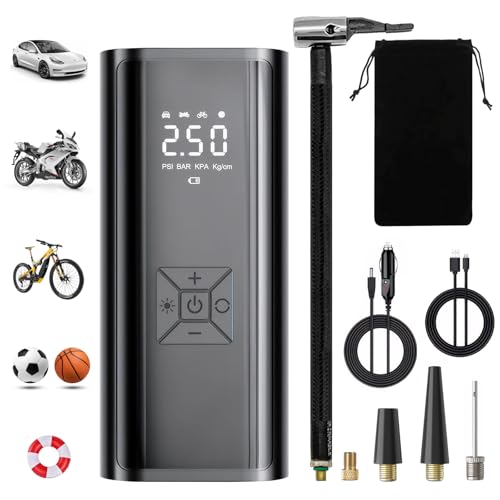 Tyre Inflator Air Compressor, 150PSI & 12V Car Tyre Inflator Rechargeable, Portable Tire Inflator Pump with Digital Dual Values Display, Cordless Tyre Inflators for Car, Bike, Motorbike, Ball