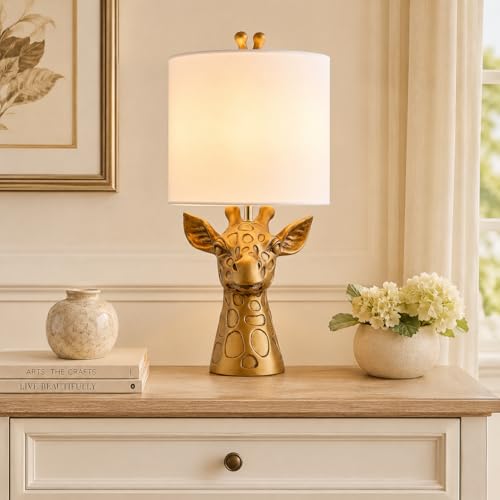 Gold Giraffe Table Lamp. Modern Resin Animal Accent Lamp for Bedroom Living Room Nursery Kids Room or Office.Jungle Decorative Bedside Lamp With Linen Shade Modern Eclectic Home Decor Gift