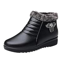 Luckywaqng Wellington Boots, Winter Women's Lined Fluffy Warm Ankle Boots, Flat Ankle Boots, Snow Boots with Non-Slip Sole, Medium High Slip-On Shoes, Waterproof Short Boots, Leather Boots
