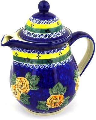 Polmedia Polish Pottery Tea or Coffee Pot - Cabbage Roses Pattern Handmade in Boleslawiec Poland + Certificate of Authenticity
