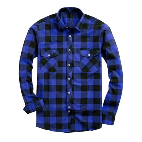 LUSHAasd Todays Deals Mens Check Shirts Long Sleeve Button Shirt Lapel Neck Plaid Shirt Checked Tartan Button Down Shirts Regular Fit Cotton Work Plaid Shirts Blue