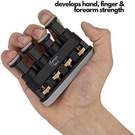 Django Hand Exerciser Strengthener | 4 Finger Grip Adjustable | for Guitar, Musicians, Athletes, Rock Climbers, and Physical Therapy | Includes 3 Resistance Training Workout Cards | Fully Guaranteed