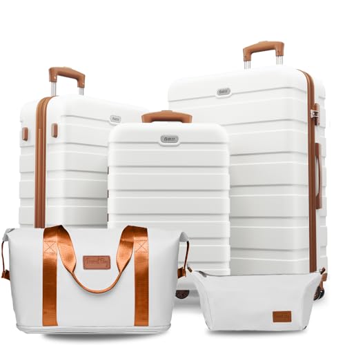 Image of AnyZip Luggage PC ABS Hardside Lightweight Suitcase with 4 Universal Wheels TSA Lock 20 24 28 Inch, White Brown, 5 piece set, Fashion