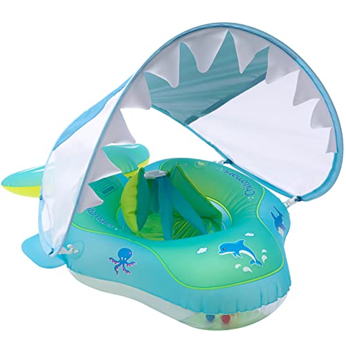 Chitomars Flotador Bebe, Flotador para Bebe Doble Airbag Flotador Bebe Flotador Piscina Niños Inflable Anillo de Natación para Bebé 3-12 Meses (S, Azul con Toldo) (Azul con Toldo, S)