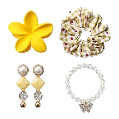 Image of Yellow Fashion Accessories Set for Women & Girls - Matte Flower Claw Clip, Plaid Plumeria Scrunchie, Geometric Hair Pins, Beaded Charm Bracelet 4Pcs