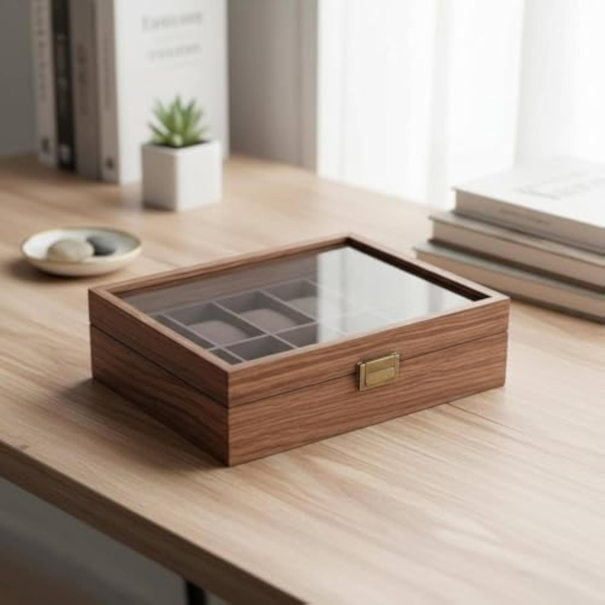 Compartmented Wooden Watch Box, Walnut Tone, 12 Slots