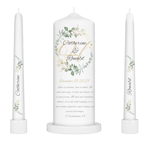 Unity Candles for Wedding, Unity Set, Custom and Personalized Pillar and Taper Candles with Bible Quote, Unscented White Premium Wax, Religious and Wedding Ceremony, Special Events (Zinnia)