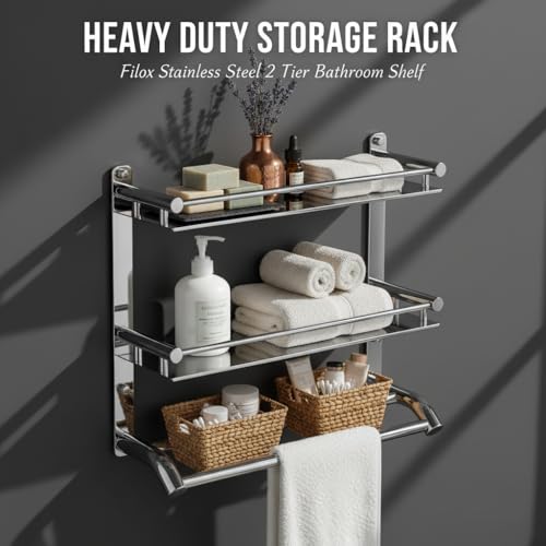 Image of Filox Stainless Steel 2-Tier Bathroom Shelf with Towel Rod | Wall Mounted Multipurpose Bathroom Rack Organizer | Rust Proof Storage Shelf for Toiletries | Heavy Duty Bathroom Accessories Holder